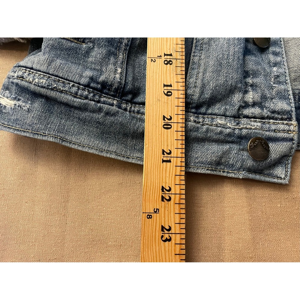 Free People Knit Hooded Denim Jacket Size L Distressed Jean Jacket Tomboy Edgy - Picture 3 of 14